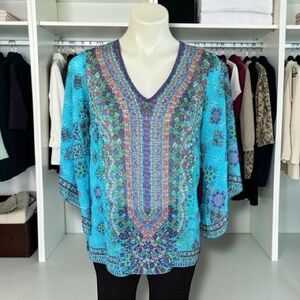 belle Kim Carvel Mid-Sleeve Chiffon-Style Tunic Turquoise Sheer Blouse Sz XXS
